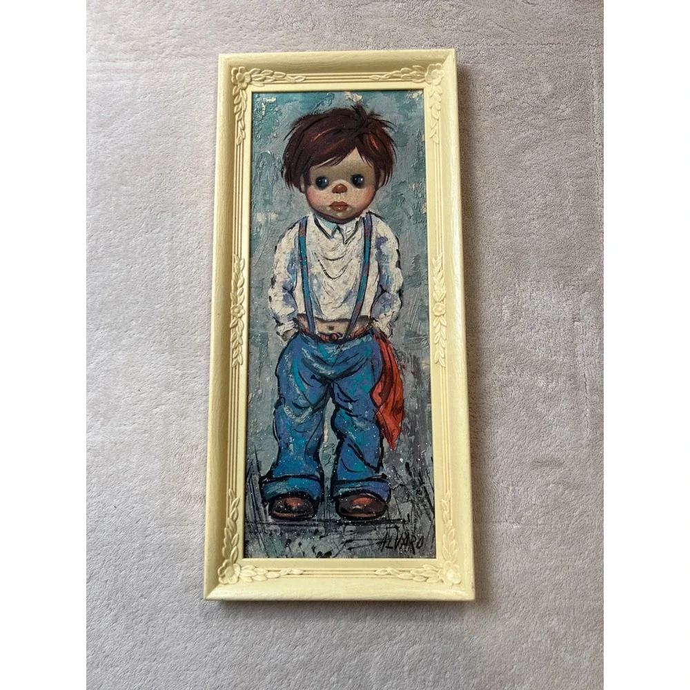 Ozz Franca Vintage Big Eye Boy Art Set 18x8 Cream Framed Alvaro and Franca MCM